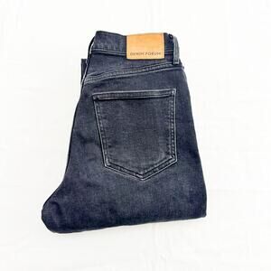 Denim Forum The Arlo High Rise Straight Black Denim Button Raw Hem Jean Size 26